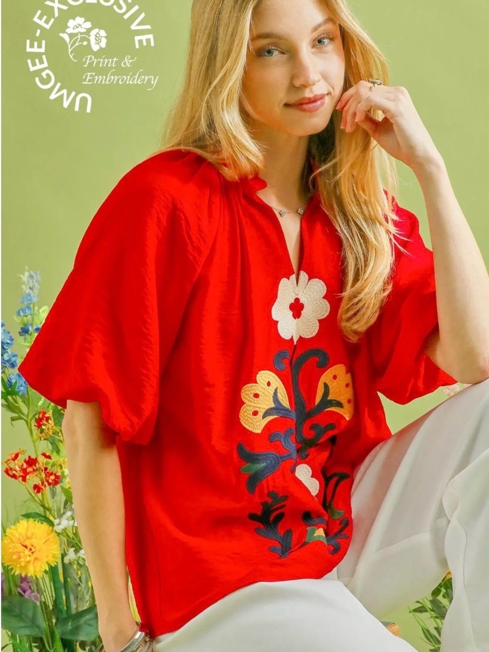 Umgee Red Embroidered Floral Peasant Top